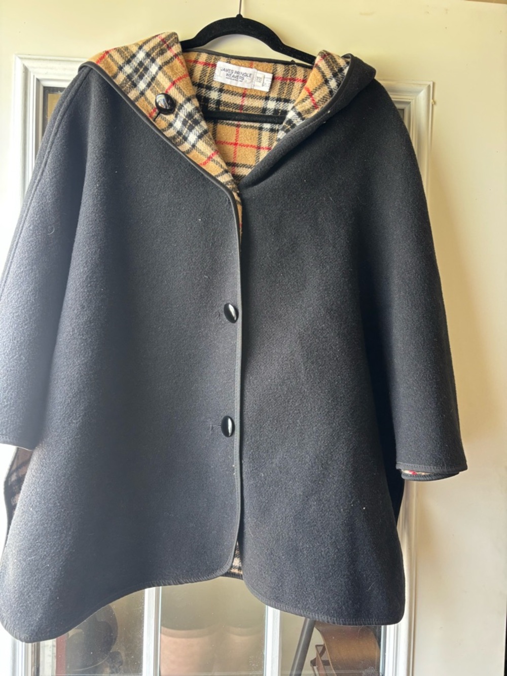 Black Hooded Wool Poncho with Plaid Lining